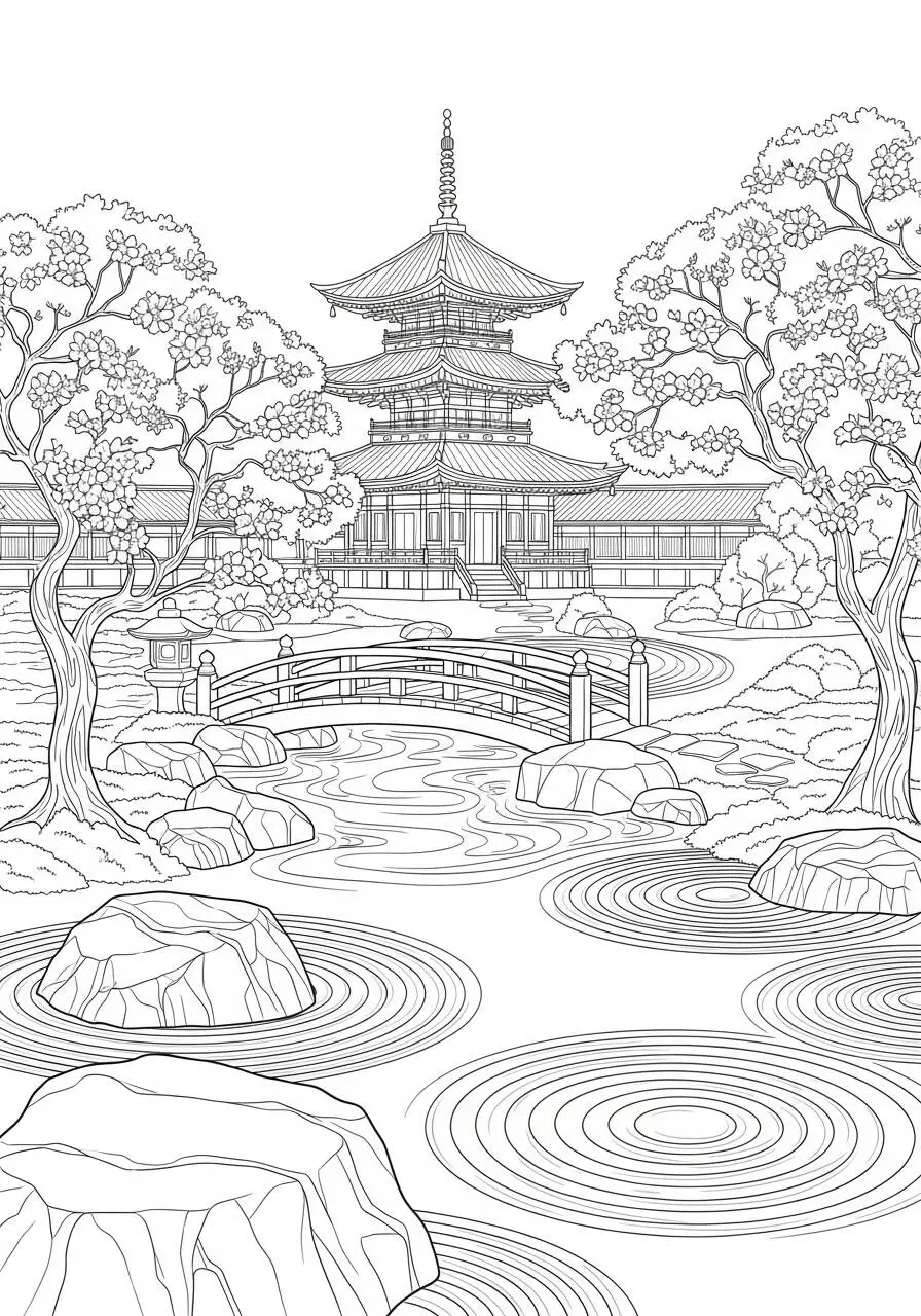 Desenho de Paisagem com Templo Japonês e Lago para Colorir