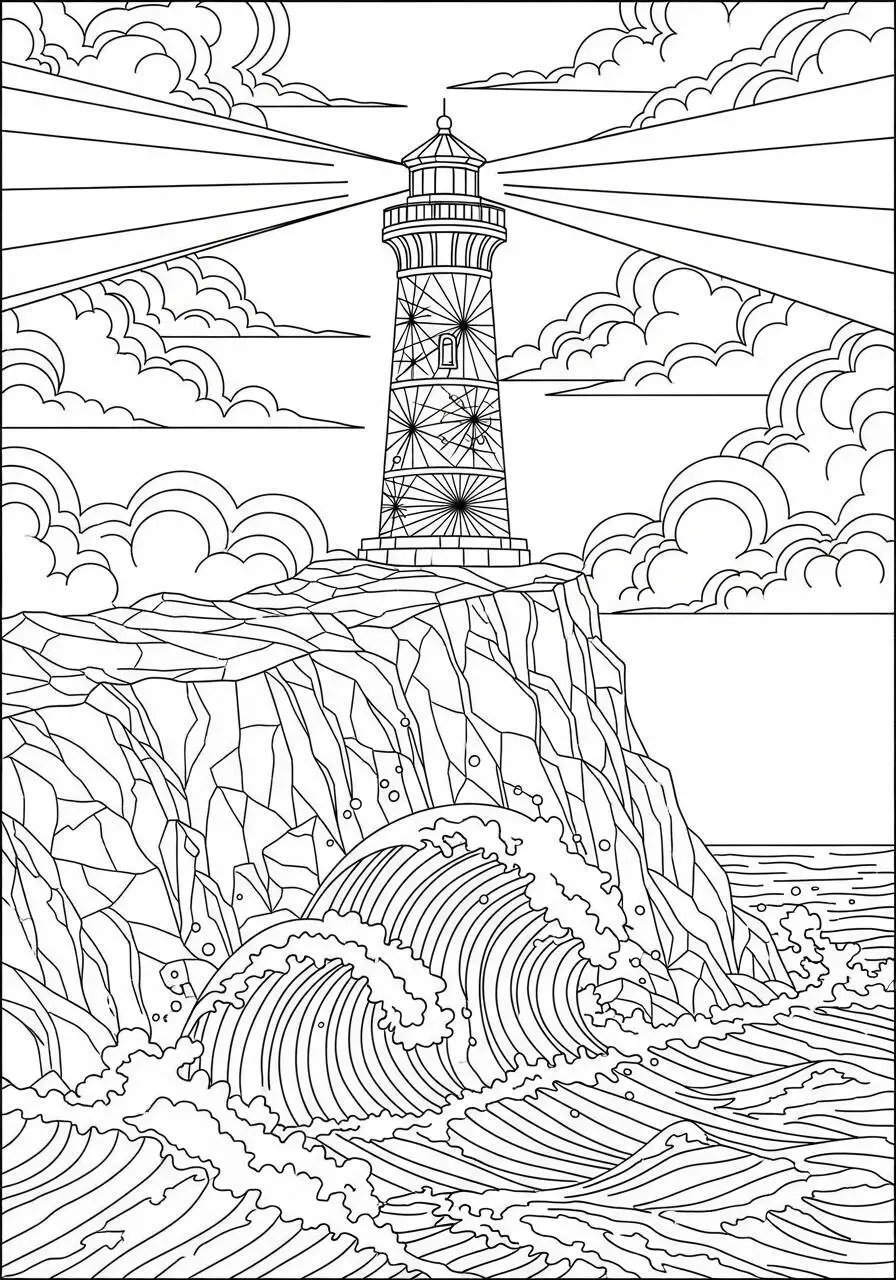 Desenho de Paisagem com Farol e Ondas para Colorir