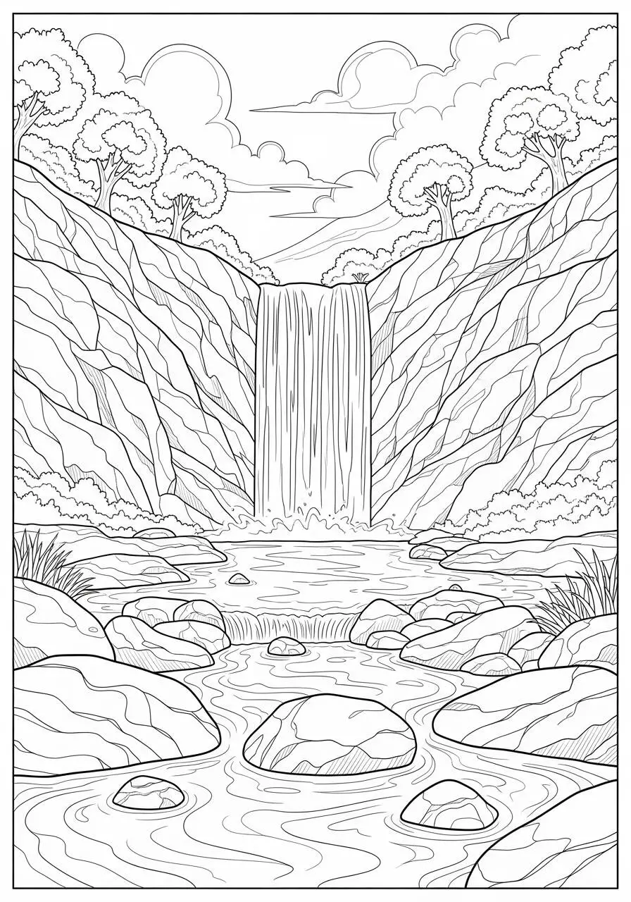 Desenho de Paisagem com Cachoeira e Riacho para Colorir