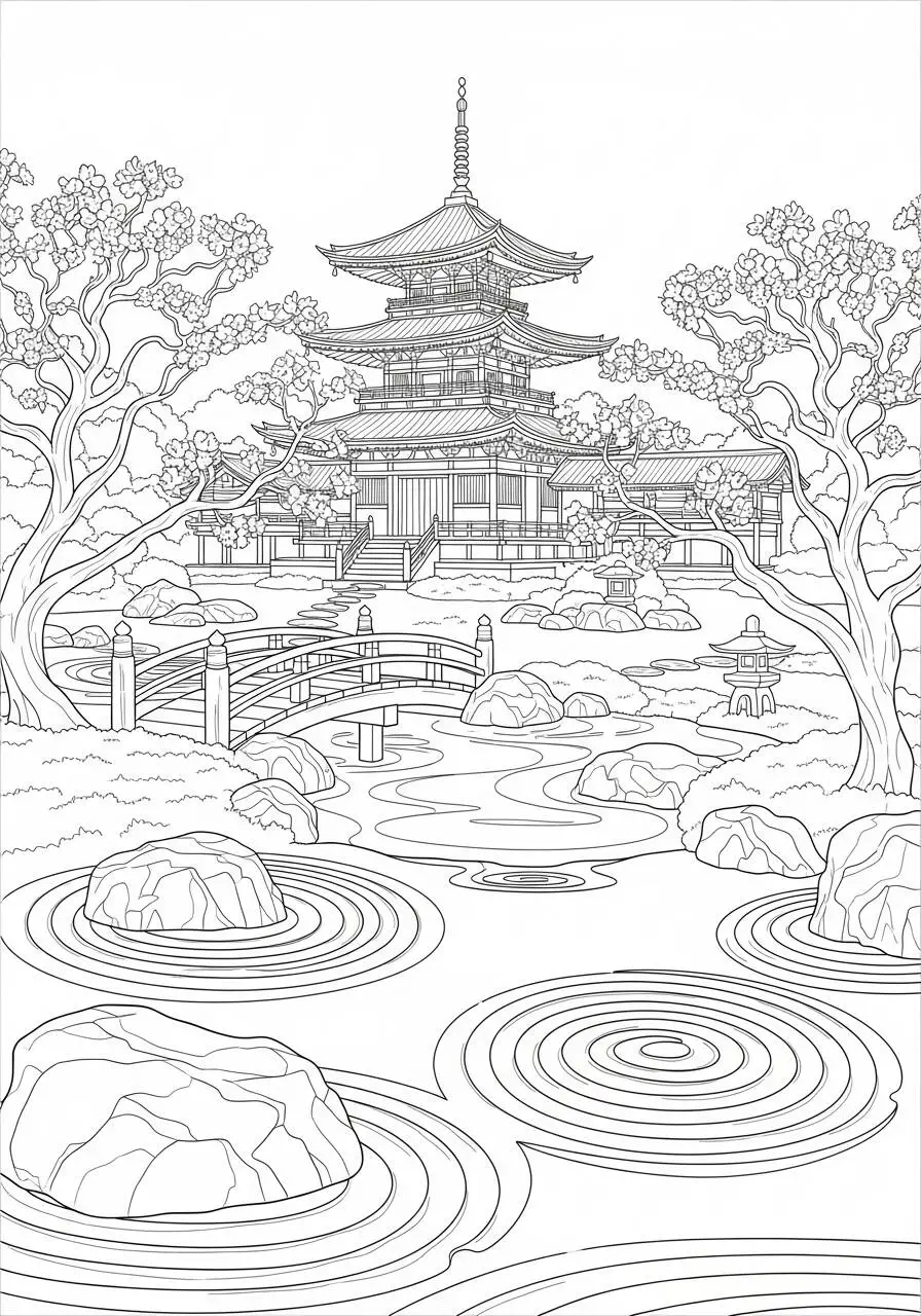 Desenho de Paisagem de Jardim Japonês com Pagode para Colorir