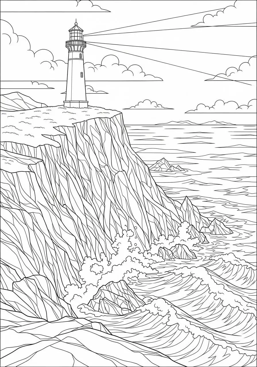 Desenho de Paisagem com Farol e Mar para Colorir