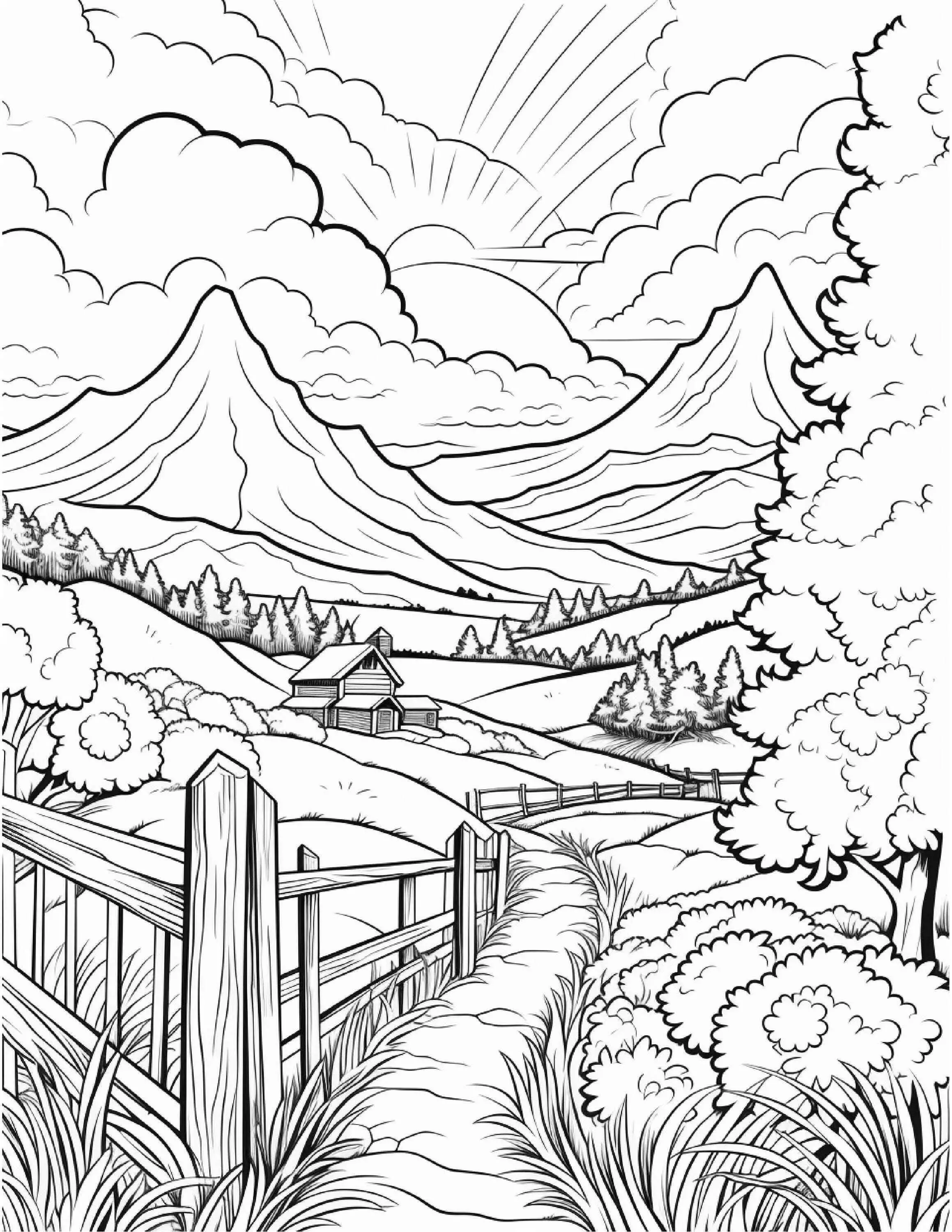 Desenho de Paisagem de Montanhas com Céu e Caminho para Colorir
