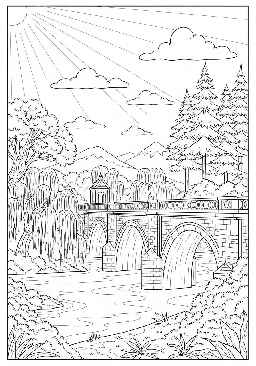 Dibujo de Paisaje con Puente y Montañas para Colorear
