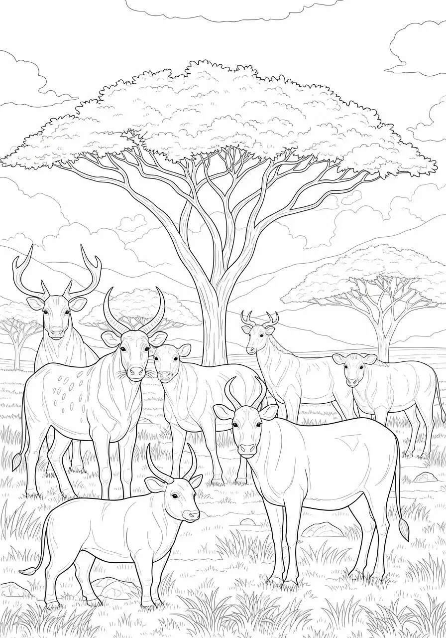 Dibujo de Paisaje con Animales y Árboles para Colorear