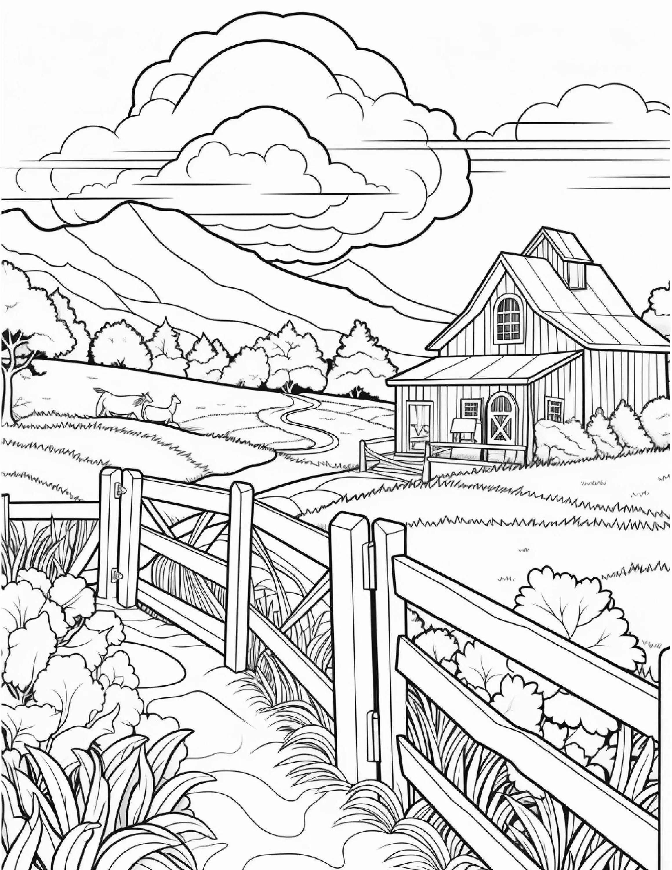 Dibujo de Paisaje rural con casa y montañas para colorear