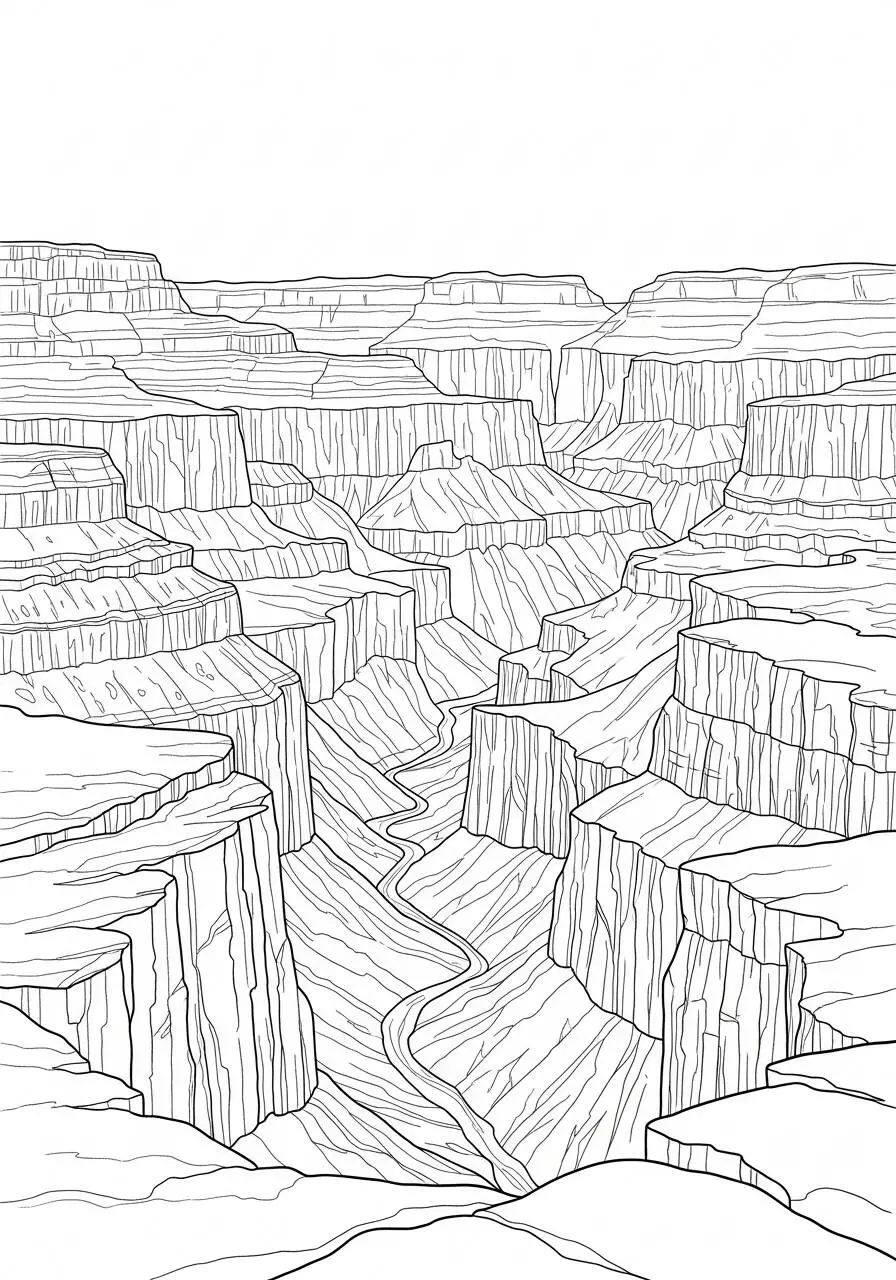 Dibujo para colorear de paisaje de cañón con ríos