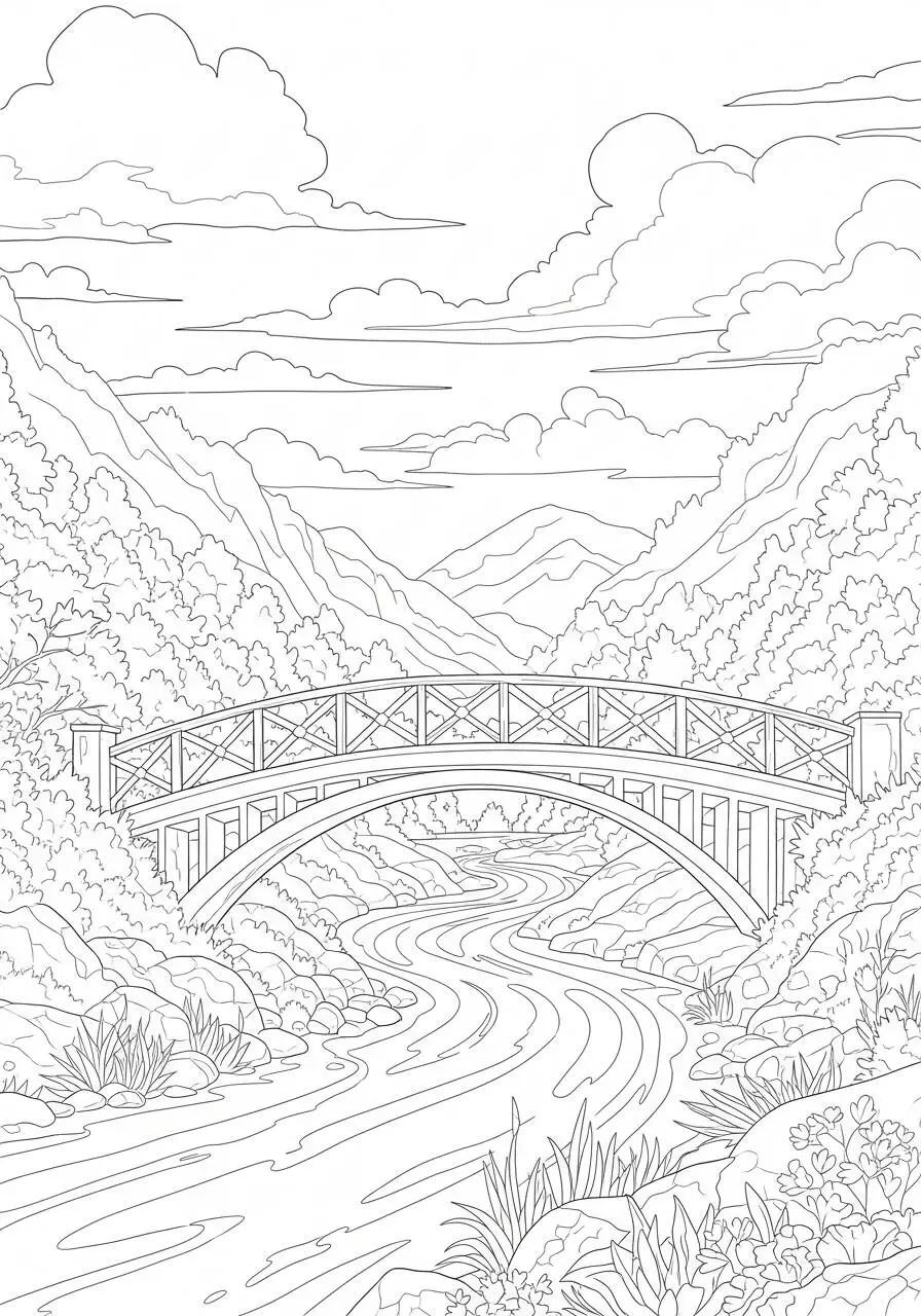 Desenho de Paisagem com Ponte e Montanhas para Colorir