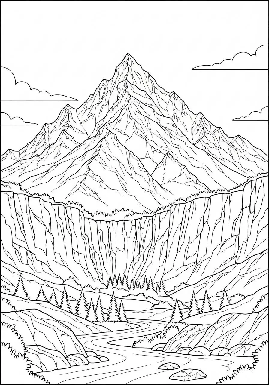 Desenho de Paisagem de Montanha com Rio para Colorir
