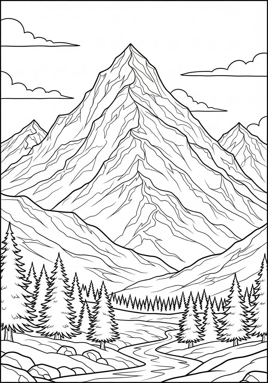 Dibujo para colorear de paisaje de montaña con río