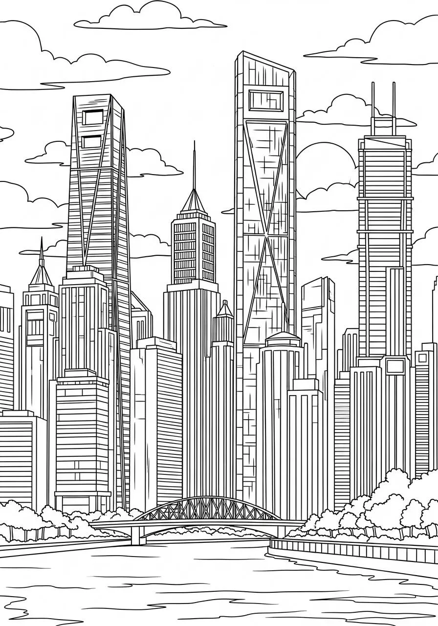 Dibujo de Paisaje Urbano con Rascacielos y Puente al Color