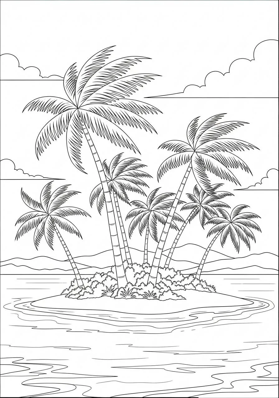 Desenho de Paisagem de Ilha Tropical com Coqueiros para Colorir