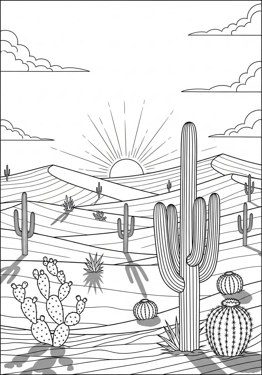 Desenho de Paisagem de Deserto com Cactos e Sol para Colorir