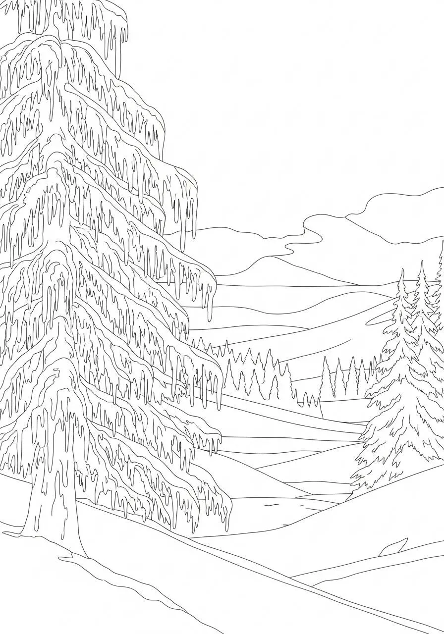 Desenho de Paisagem de Inverno com Árvores Cobertas de Neve para Colorir
