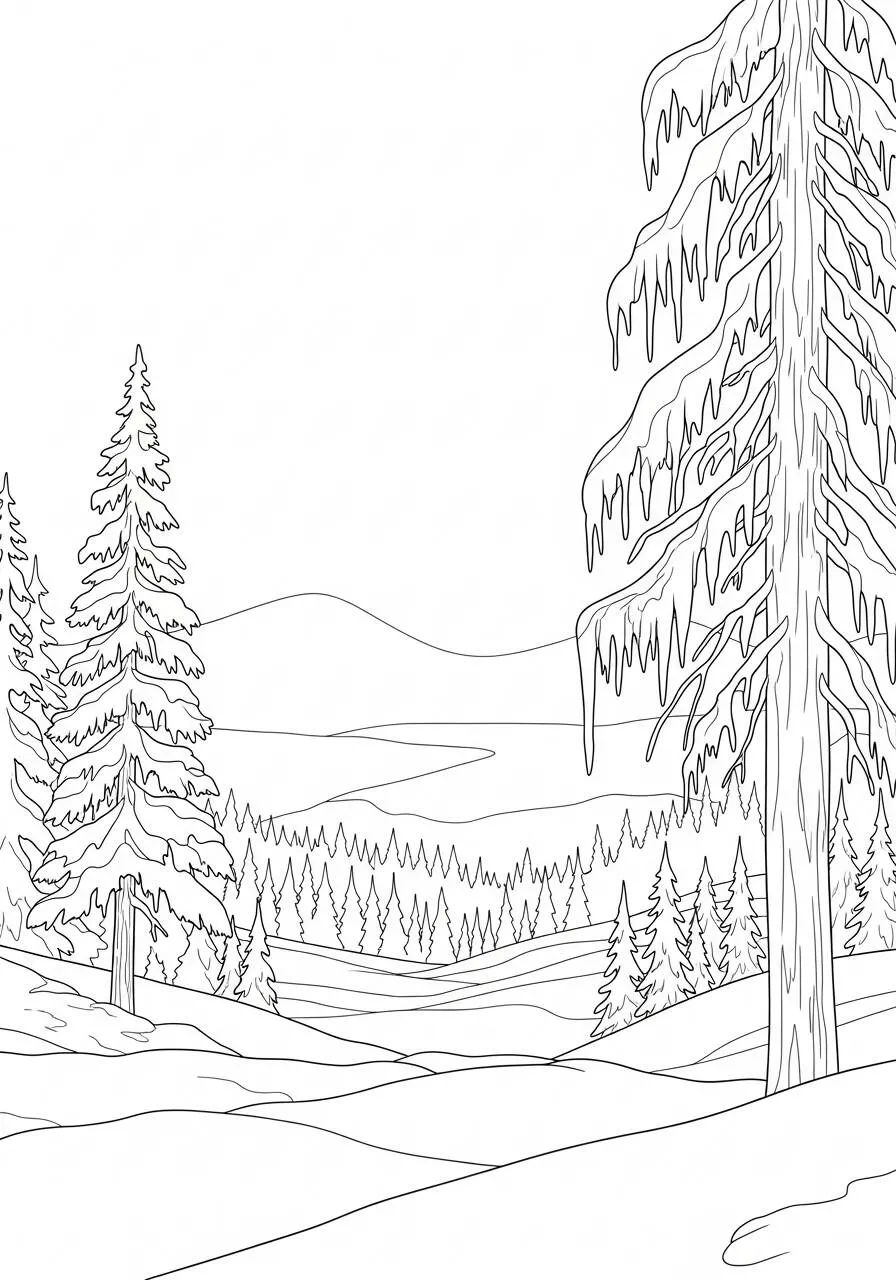 Desenho de Paisagem de Inverno com Árvores e Montanhas para Colorir