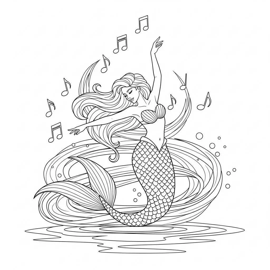 Desenho de Sereia Dançando com Notas Musicais para Colorir