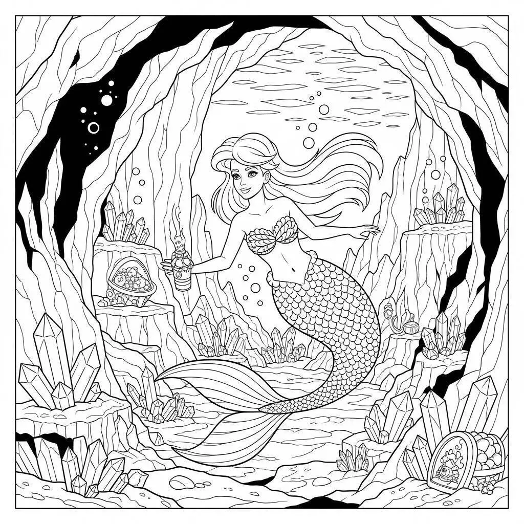 Desenho de Sereia Explorando uma Caverna Subaquática para Colorir