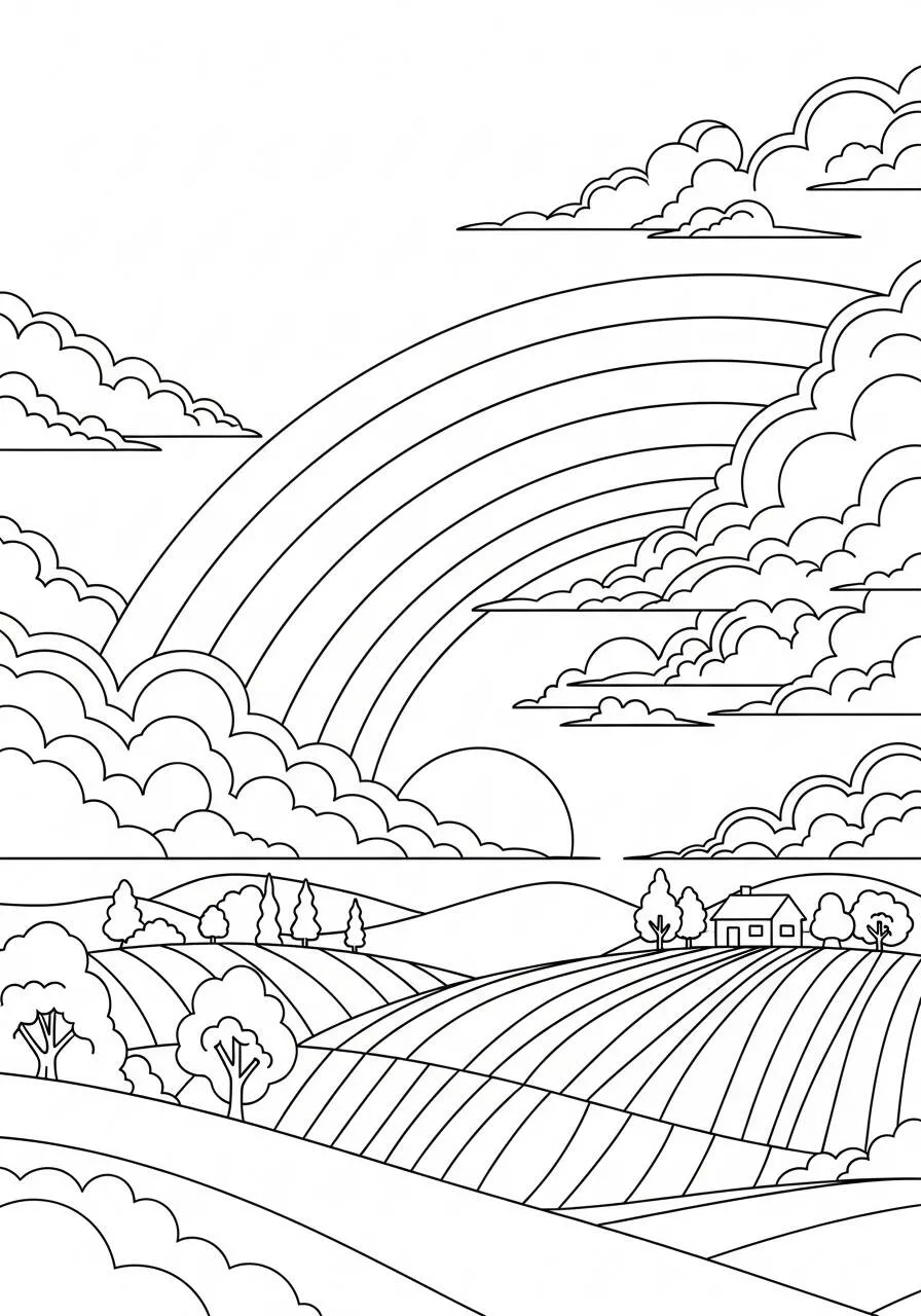 Desenho de Paisagem com Arco Íris e Campos para Colorir