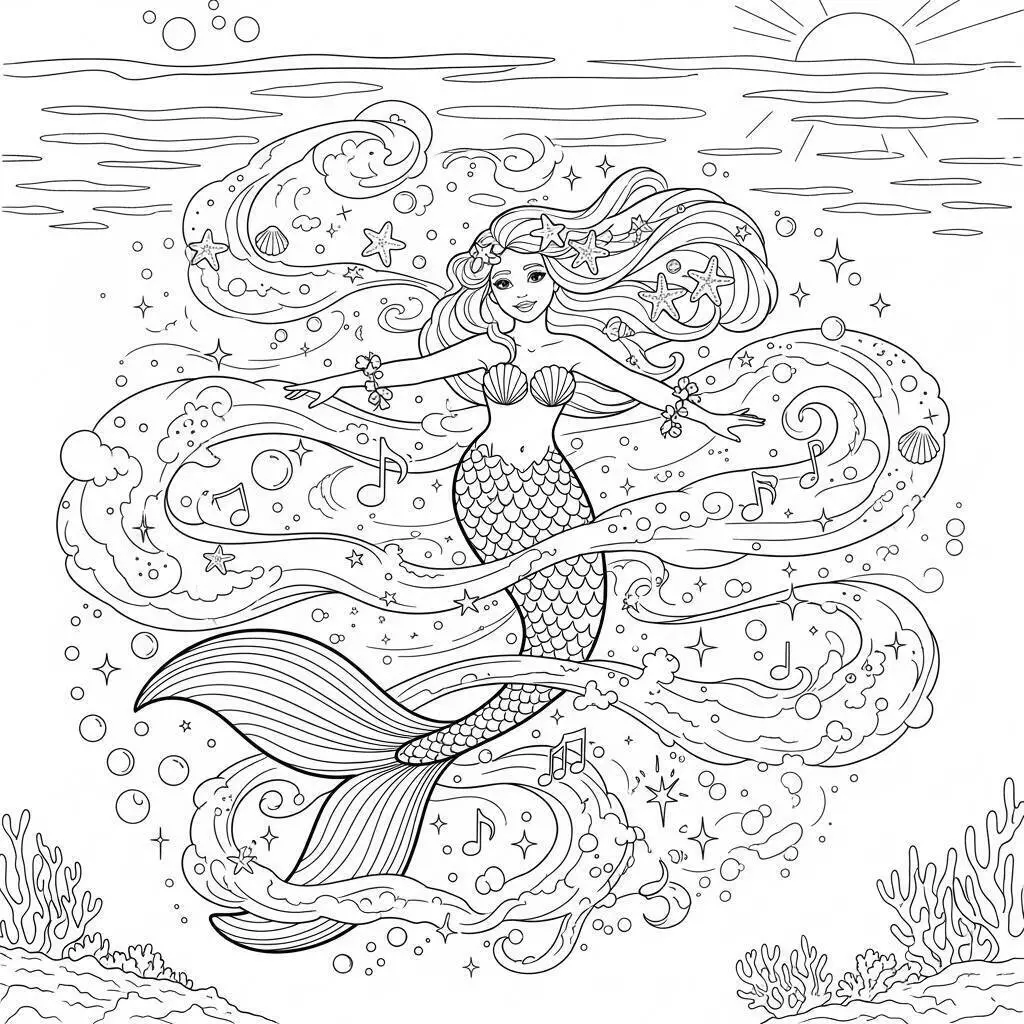 Desenho de Sereia Dançando com Notas Musicais para Colorir