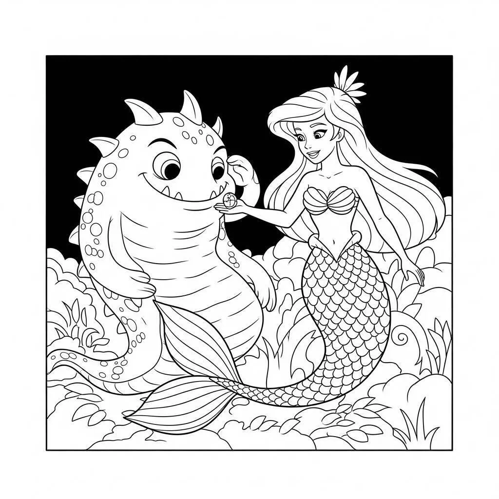 Desenho de Sereia Brincando com Monstro Marinho para Colorir