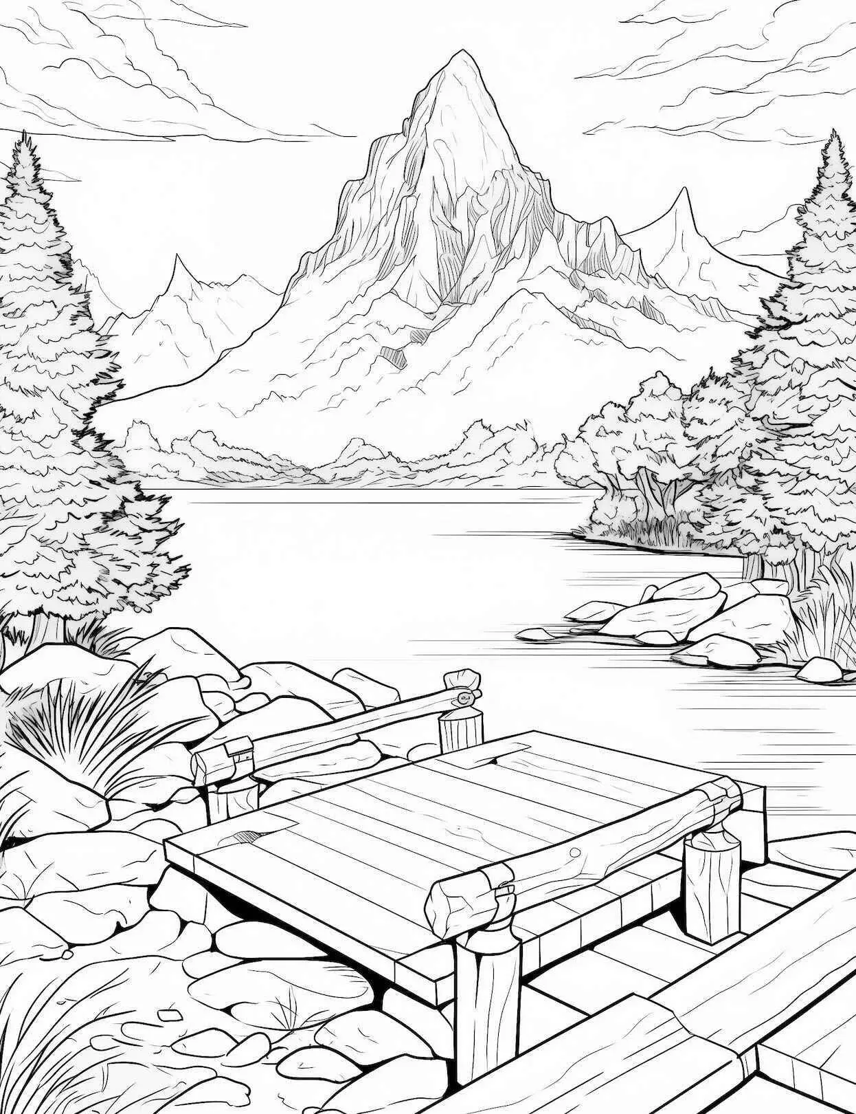 Ausmalbild Berglandschaft mit See