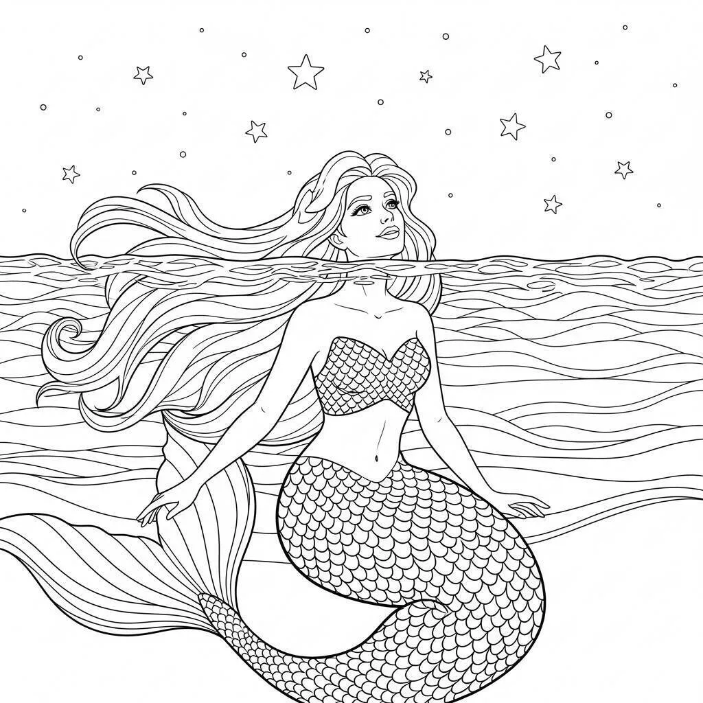 Desenho de Sereia Emergir das Águas para Colorir