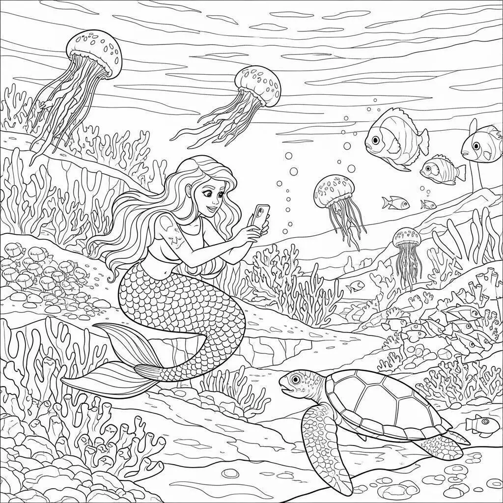 Desenho de Sereia Tirando Selfie com Tartaruga e Medusas para Colorir