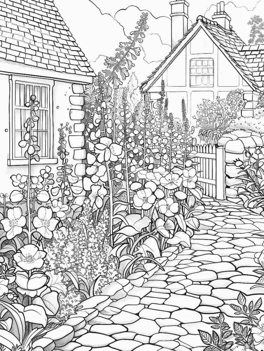 Desenho de Paisagem de Jardim com Caminho de Pedras para Colorir