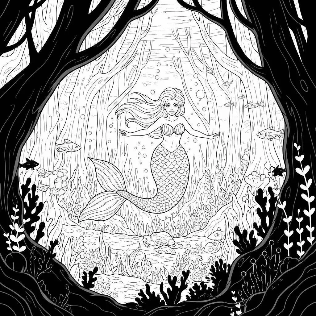 Desenho de Sereia Mágica no Fundo do Mar para Colorir