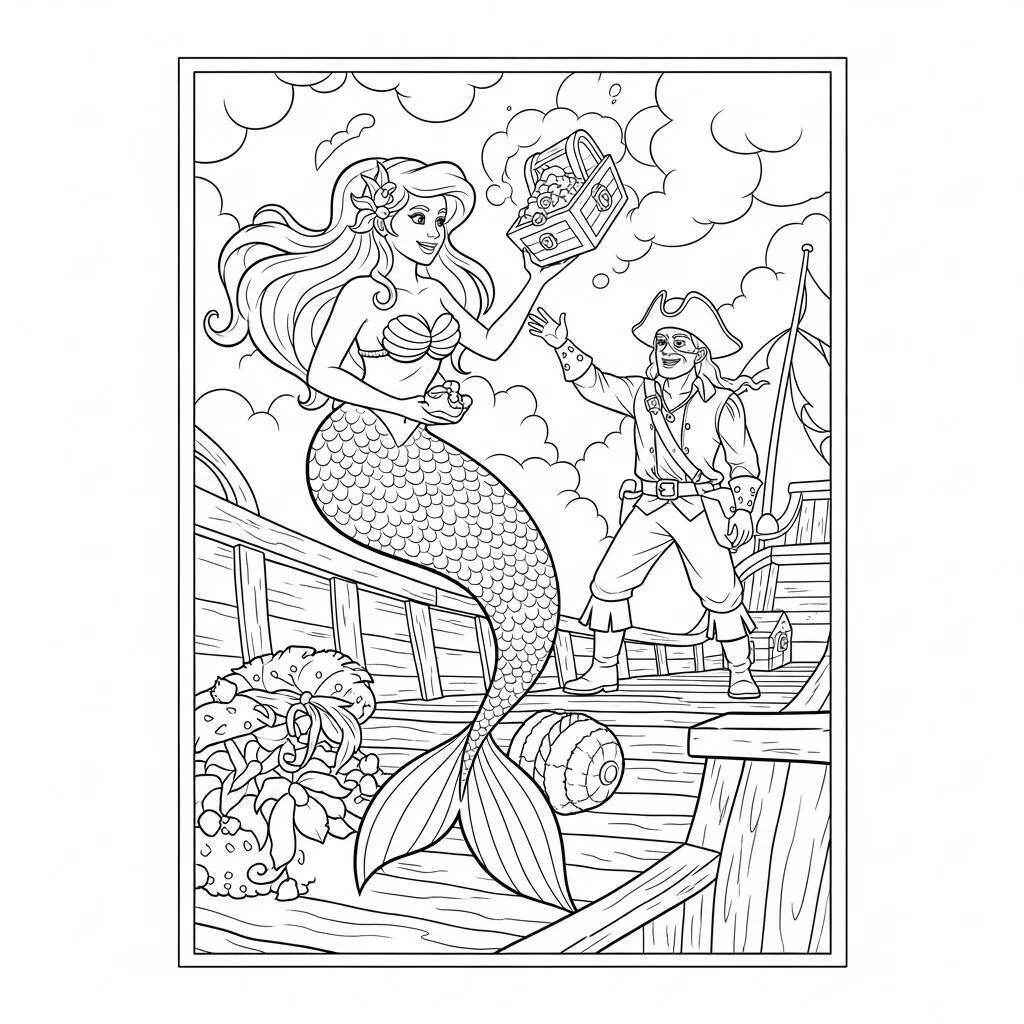 Desenho de Sereia com Pirata e Tesouro para Colorir