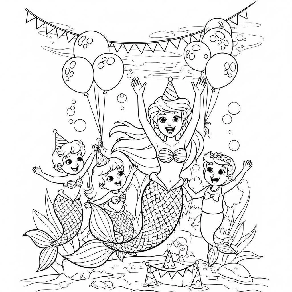 Desenho de Sereia em Festa com Balões para Colorir