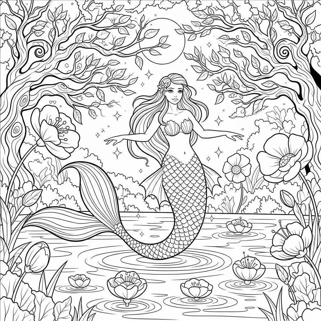Desenho de Sereia em um Lago Encantado para Colorir