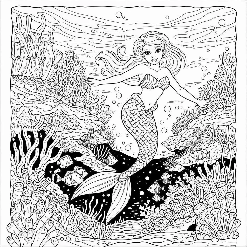 Desenho de Sereia Explorando um Recife de Corais para Colorir
