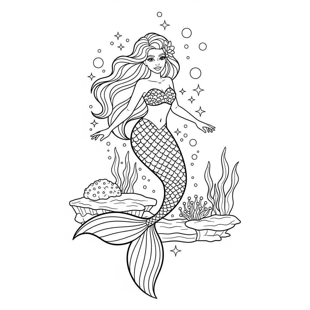 Desenho de Sereia Mágica com Fundo do Mar para Colorir