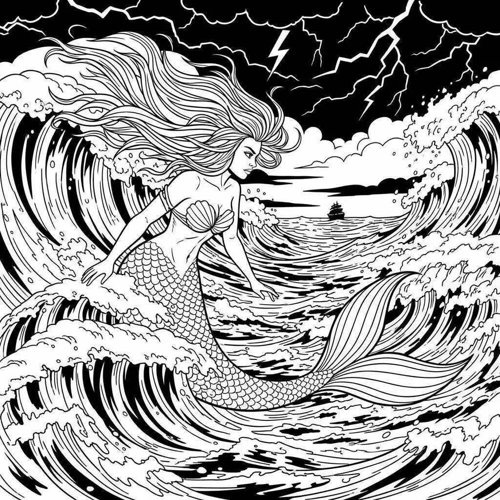 Desenho de Sereia em Tempestade com Ondas Furiosas para Colorir