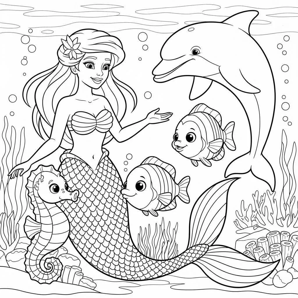 Desenho de Sereia Brincando com Golfinho e Peixes para Colorir