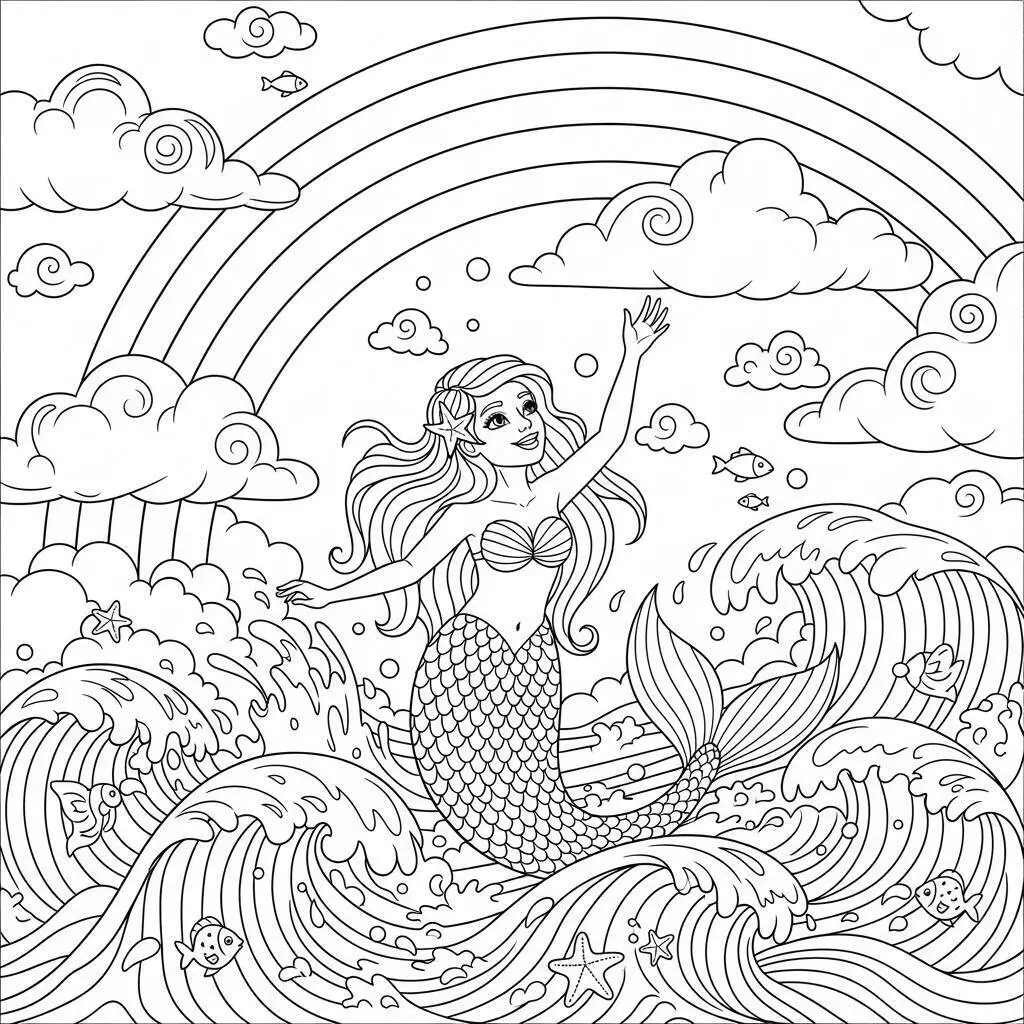Desenho de Sereia Atraente com Arco Íris e Ondas para Colorir