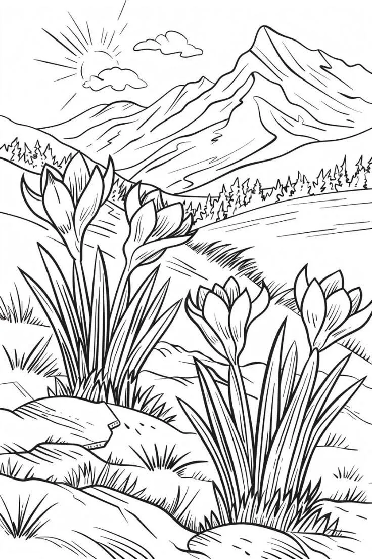 Desenho de Paisagem de Montanhas com Flores para Colorir