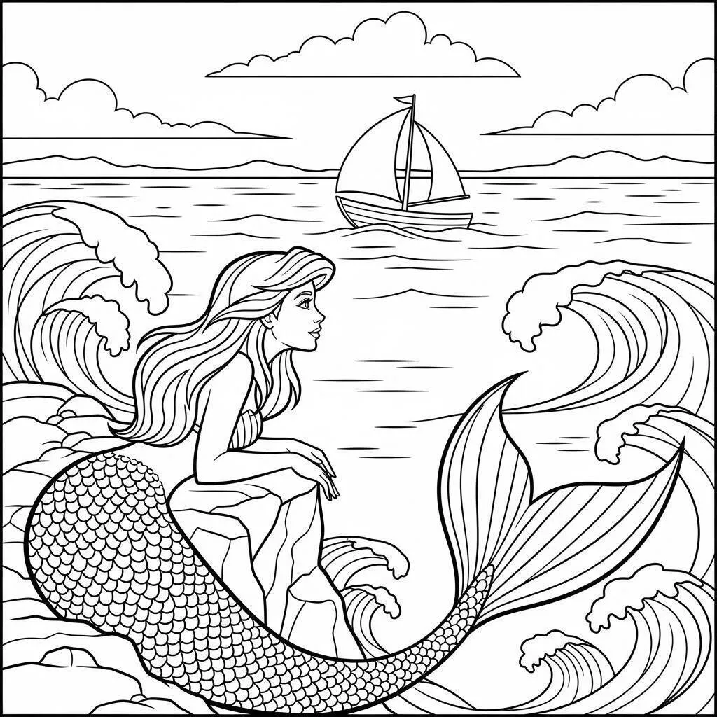 Desenho de Sereia Sentada na Praia Observando um Barco para Colorir