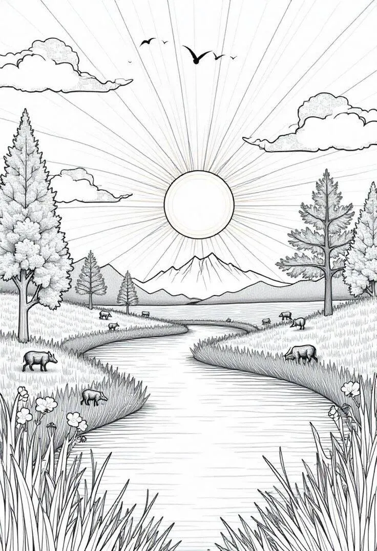 Desenho de Paisagem com Montanhas, Rio e Animais para Colorir