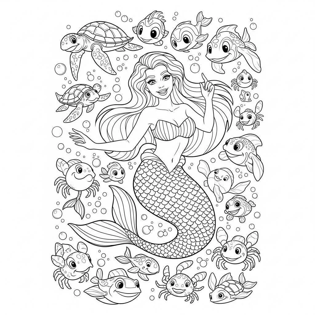 Desenho de Sereia com Amigos Marinhos para Colorir