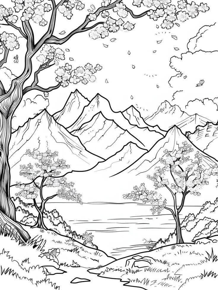 Desenho de Paisagem de Montanhas com Lago para Colorir