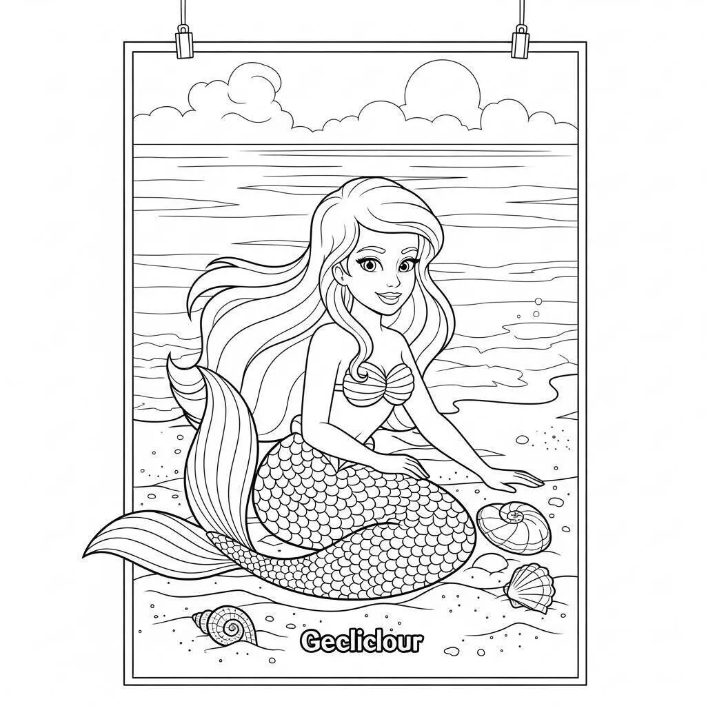 Desenho de Sereia Brincando na Praia para Colorir