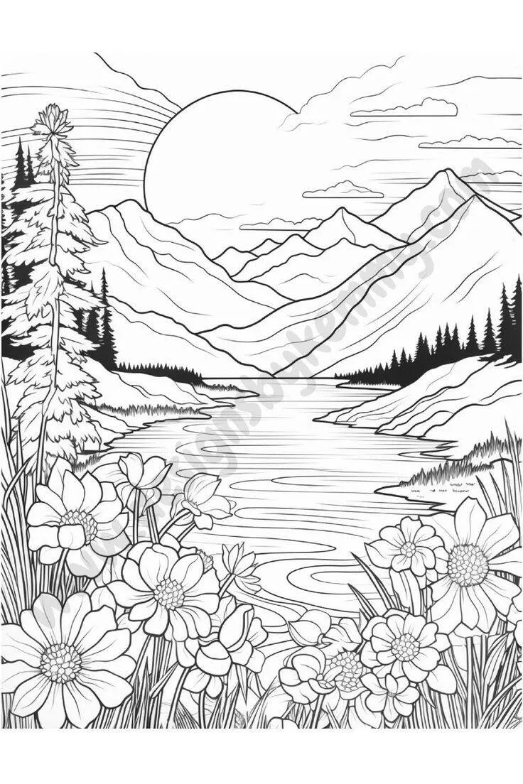 Desenho de Paisagem de Montanhas com Lago e Flores para Colorir