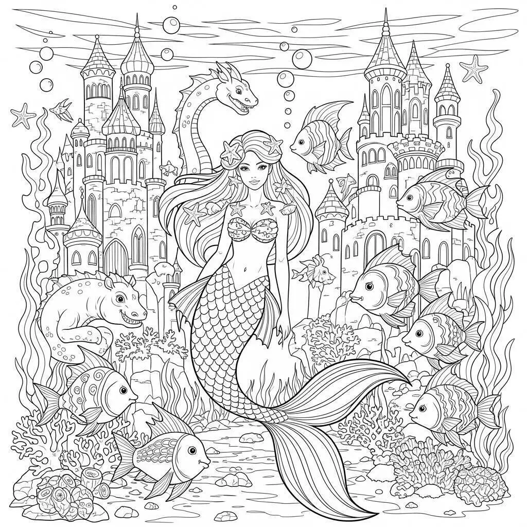 Desenho de Sereia com Castelo Subaquático e Peixes Coloridos para Colorir