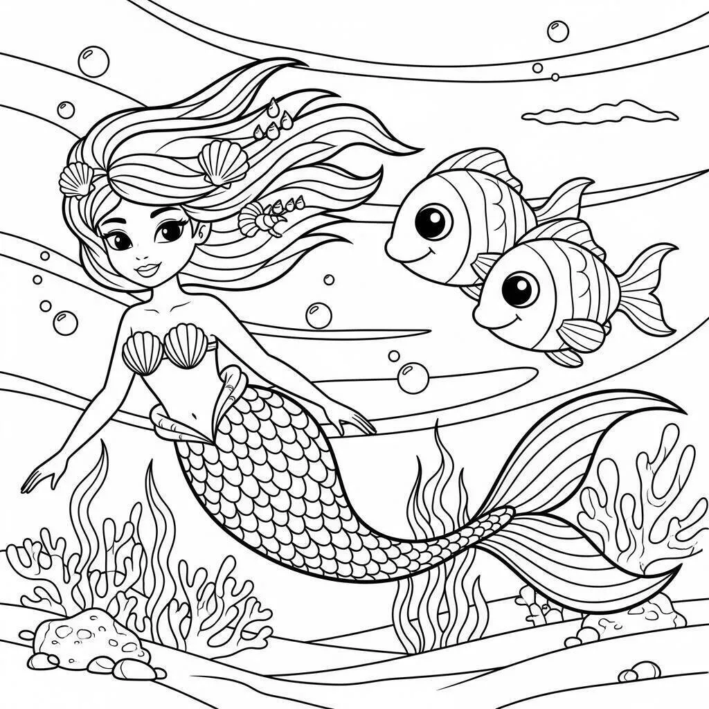 Desenho de Sereia Brincando com Peixes Coloridos para Colorir