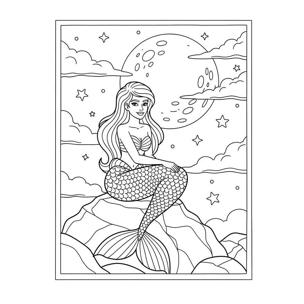 Desenho de Sereia Sentada na Rocha sob a Lua para Colorir