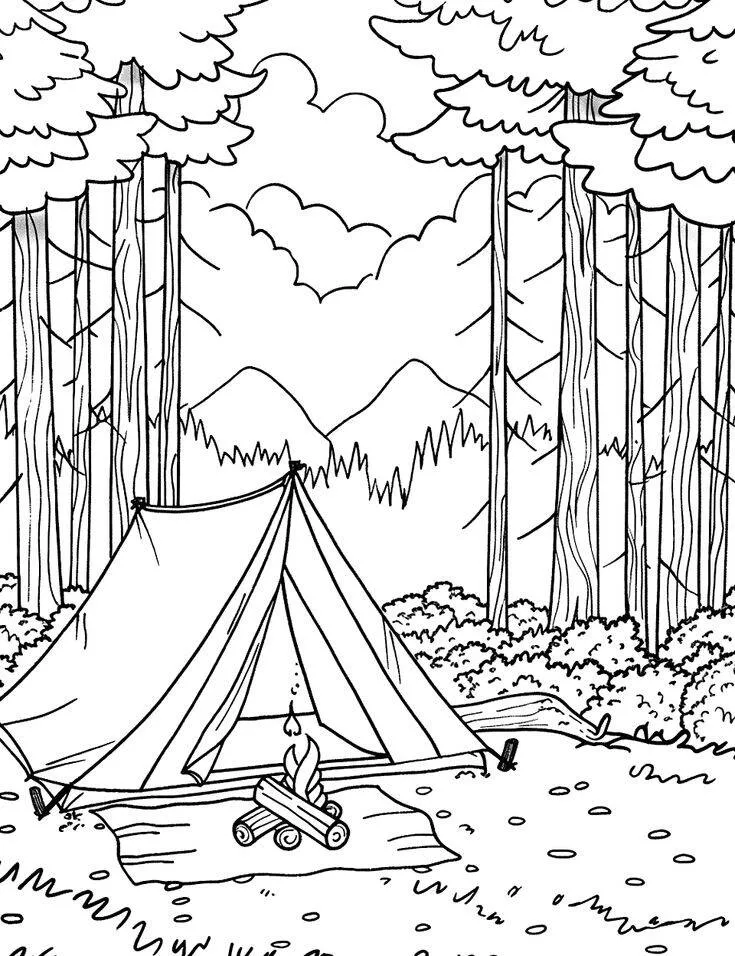 Desenho de Paisagem de Acampamento com Montanhas e Árvores para Colorir