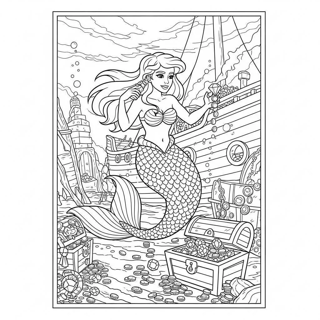 Desenho de Sereia Brincando com Tesouros Submarinos para Colorir