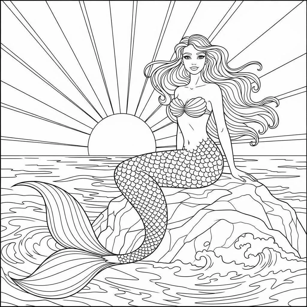 Desenho de Sereia Sentada em uma Rocha com o Sol Nascente para Colorir