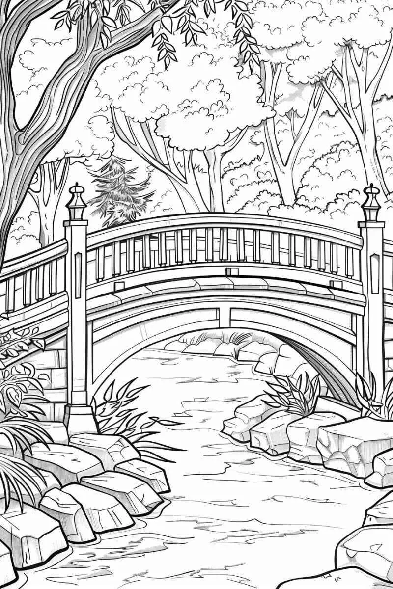 Malvorlage Landschaft mit Brücke über den Fluss